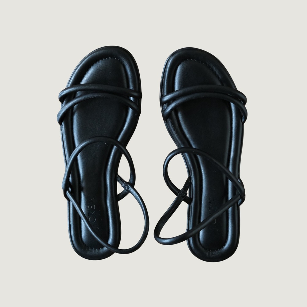 J. Crew Sandals Strappy Tubular Flat Slingback Black Leather 7.5 Minimalist Chic